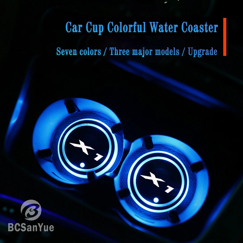 2Pcs LED Car Cup Holder Lights Coaster for Bmw X1 with 7 Colors Changing Mat Waterproof Cup Pad Interior Atmosphere Lamps