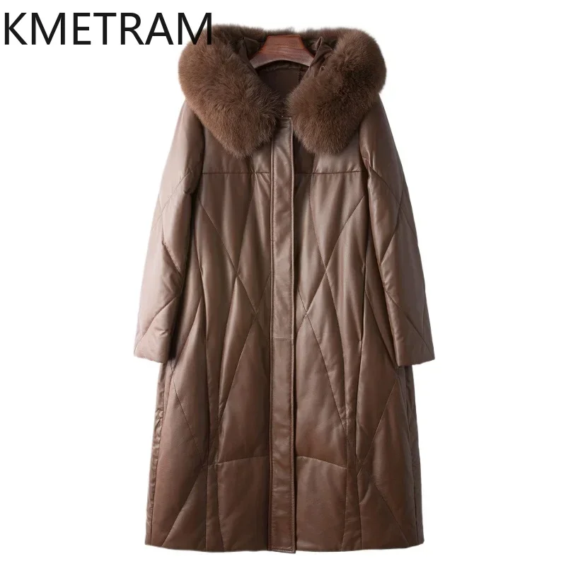 100% chaqueta acolchada de piel de oveja, ropa de mujer, abrigos largos de plumas de ganso, chaquetas de invierno 2024 con capucha, Cuello de piel de zorro, Пухоiyahaк Ж Dön Во:14