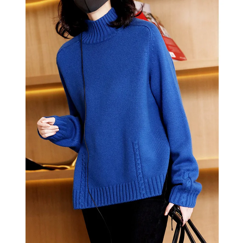 

Thiened Long Sve Camere Свитер с высоким воротником Женская трикотажная одежда Poem Art Ba Label Вырезанный образец Корейский Sle Dojazdy