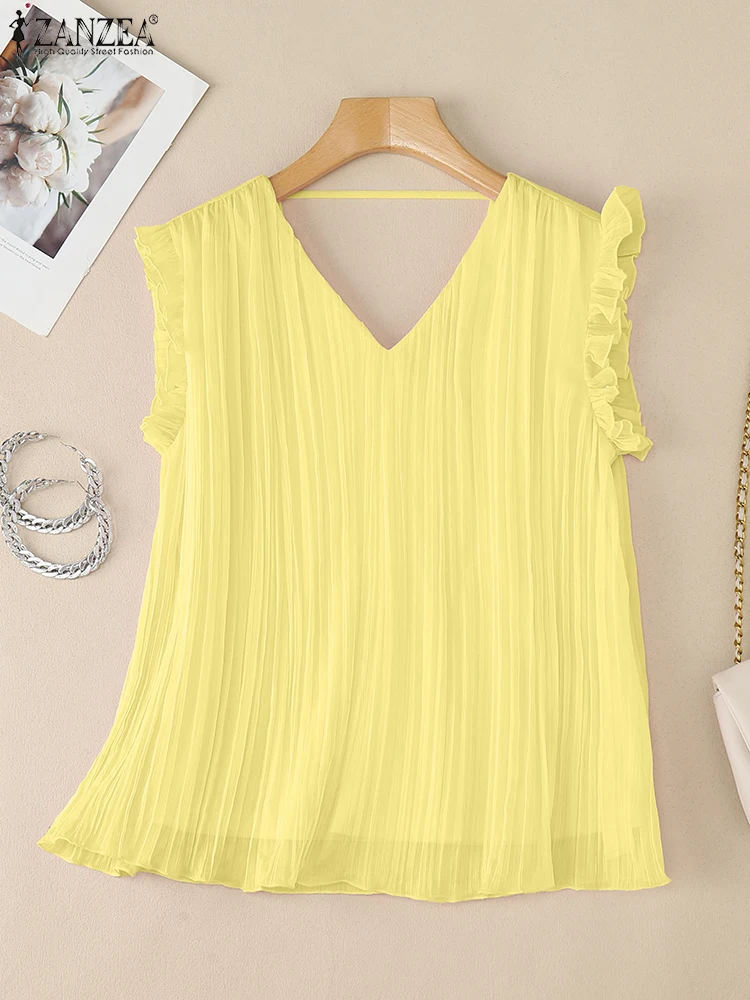 ZANZEA Vrouwen Chiffon Tanks Tops Zomer Tees Sexy V-hals Effen Kleur Shirts 2025, Fashion Casual Losse Mouwloze Verstoorde Shirts