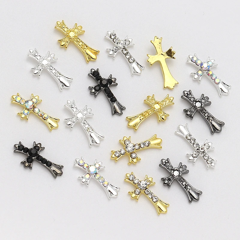 10 stuks 3D goud en zilver retro kruis nagelbedels, legering Rijnsteen, y2k metalen stijl DIY nageldecoratie accessoires