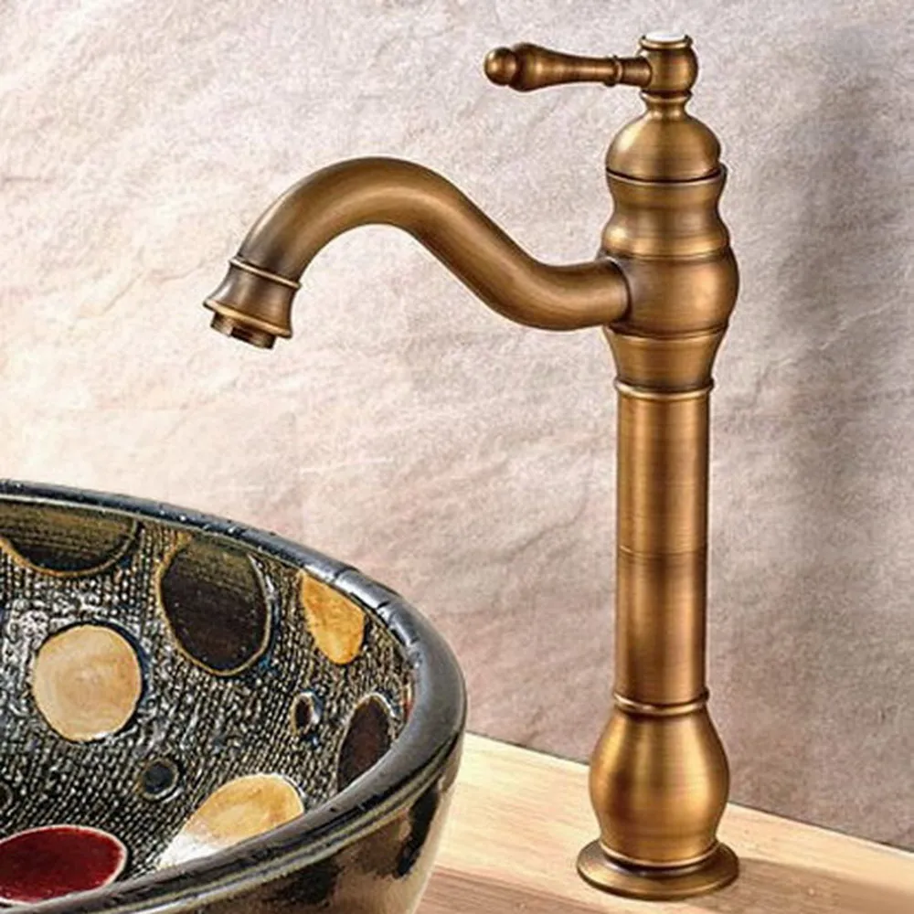 Grifo de lavabo de cocina de baño de latón antiguo, grifo mezclador, caño giratorio, manija única, un orificio, montado en cubierta mnf301