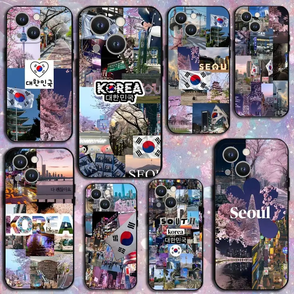 

South Korea SEOUL Travel Phone Case For iPhone 17,16,15,14,13,12,11 Plus,Pro Max,XS,X,XR,SE,Mini,8,7,Soft Silicone Black Cover