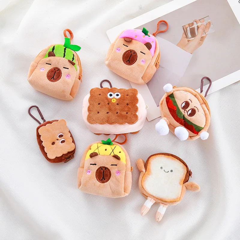 Creativo cartone animato Toast pane Hamburger portamonete Kawaii cerniera portafoglio peluche frutta capibara Hamburger portamonete per bambini