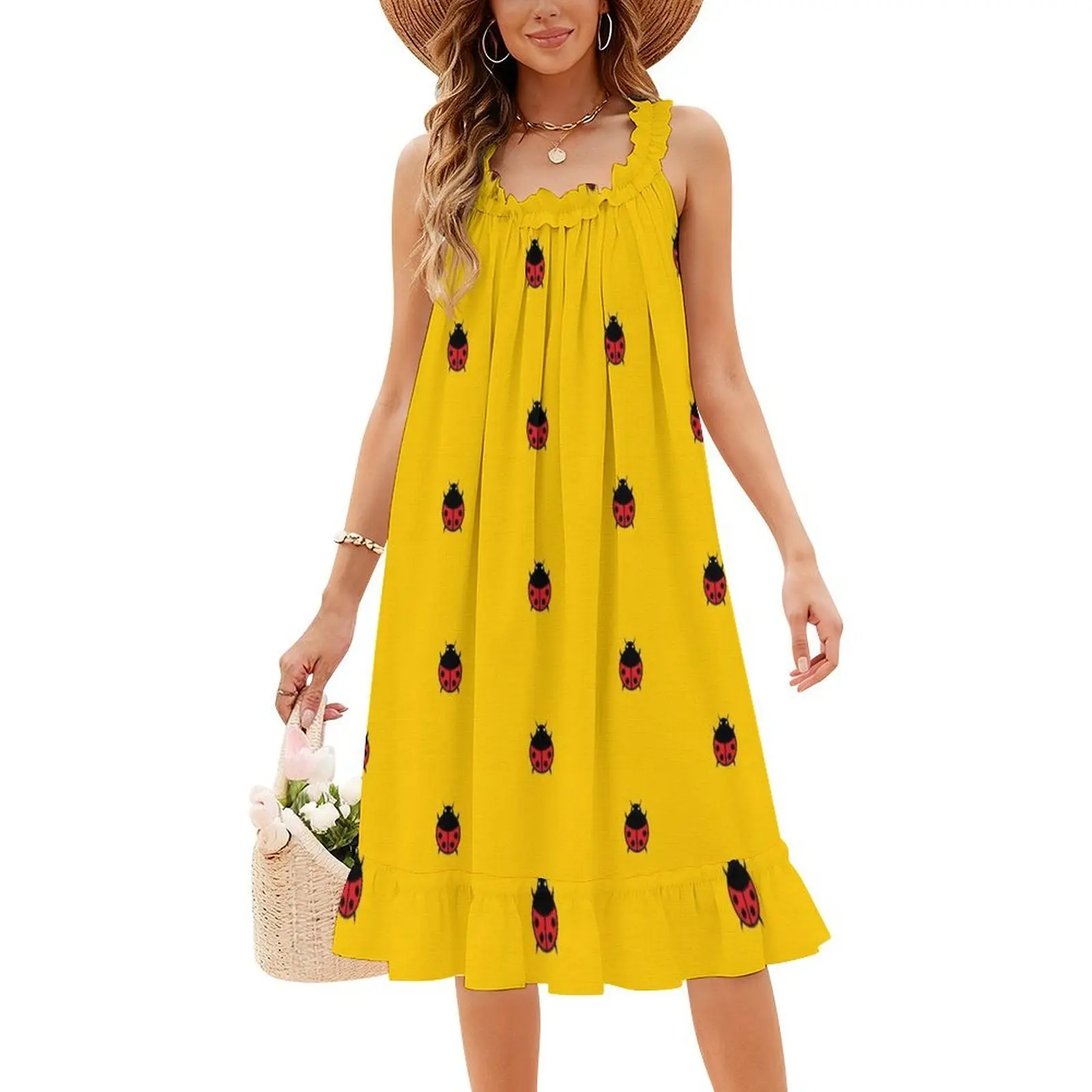 فستان على الطراز الكوري البسيط للنساء، فستان كاجوال أنيق للحفلات أو الارتداء اليومي، حشرة حيوانات لطيفة، لون أطفال رائع