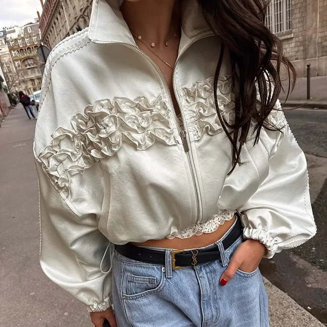 

Short Women's Jacket Fashionable Pleated Sweet Collar Earlet Lace Zipper Drawstring Top Commute Style Loose Fit All Gender