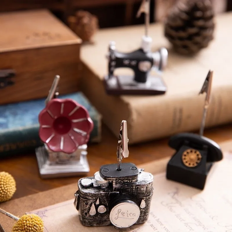 Antique Resin Desktop Small Ornament Gramophone Photo Clip Retro Vertical Card Holder Message Memo Clip Kawaii Photocard Holder
