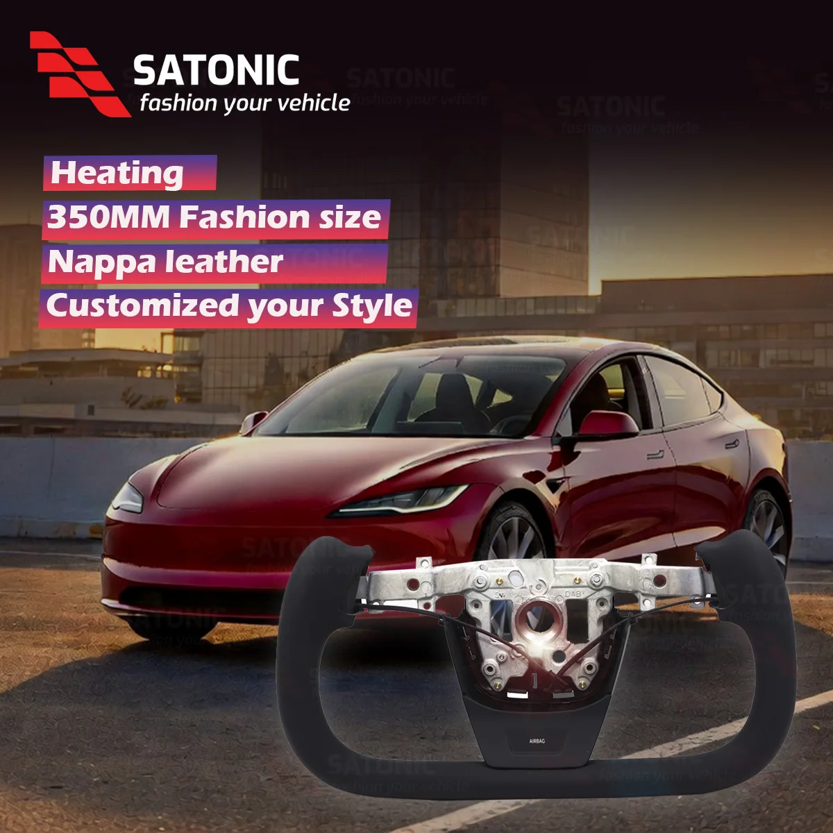 SATONIC 350mm Yoke Steering Wheel for Tesla 2026 Model 3 | Heated Leather & Customizable Colors | OEM Fitment V3