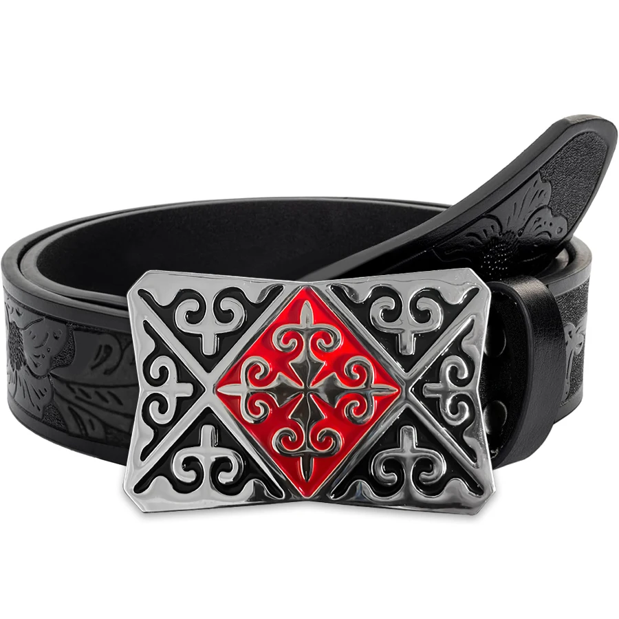 

Customized Ethnic Style Belt with Exquisitely Carved Large Plate Buckle Alloy Head, Unisex - Irregular Pattern Carving of Floral