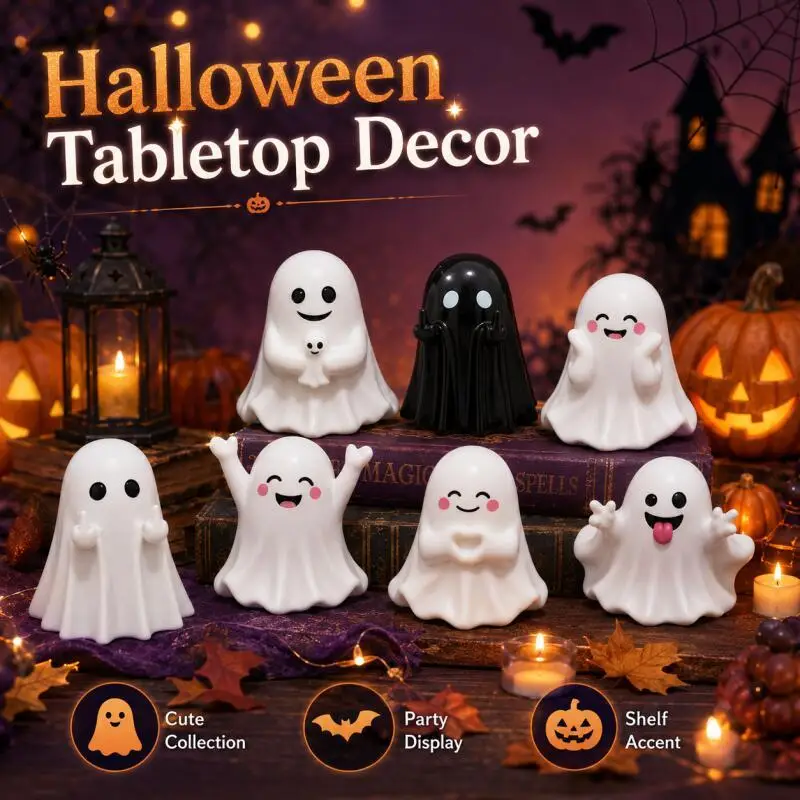 Halloween Ghost Figurine, Funny Gesture Mini Spooky Decor, White or Black Ghost Ornament for Desk Car Shelf