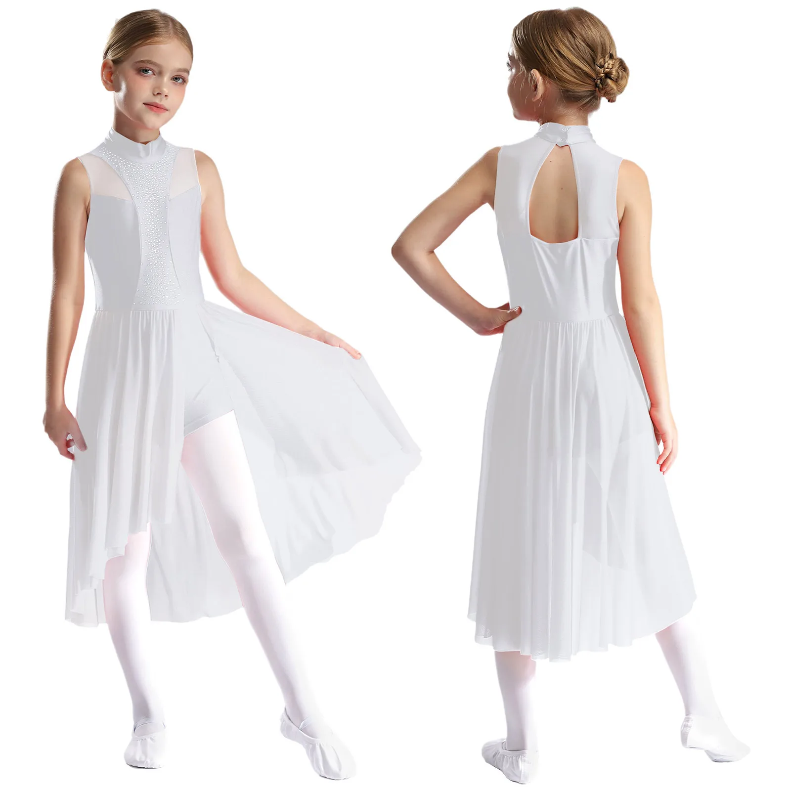 Kinderen meisjes chiffon balletjurk mouwloos nephals uitsparing achterkant split asymmetrische zoom sprankelende strass dansjurken