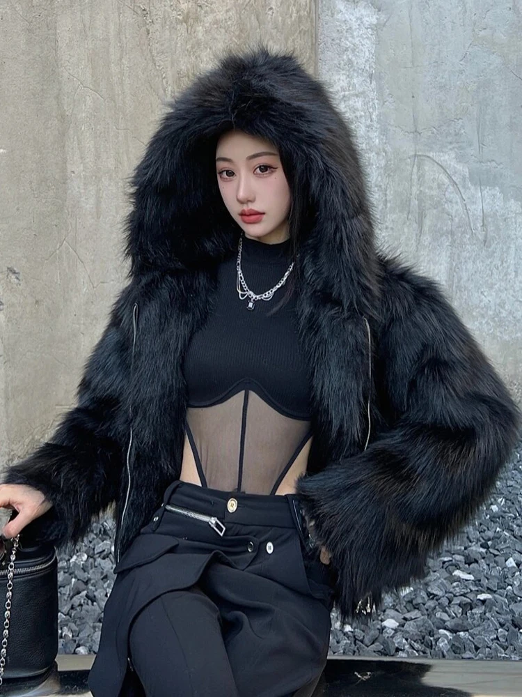 

Женская модная новая утепленная короткая куртка Ele Bla с капюшоном и мехом, на молнии, в корейском стиле, экологичная, молодежная, 2025 год