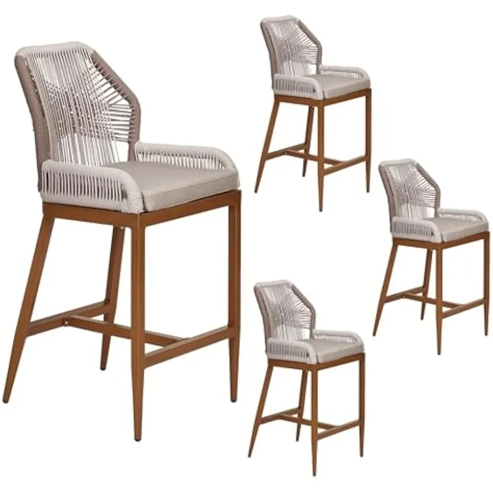 Counter Height Rattan Bar Stools, Home Back Dining Chair, Modern Patio Bar Stools with Backrest and Arm