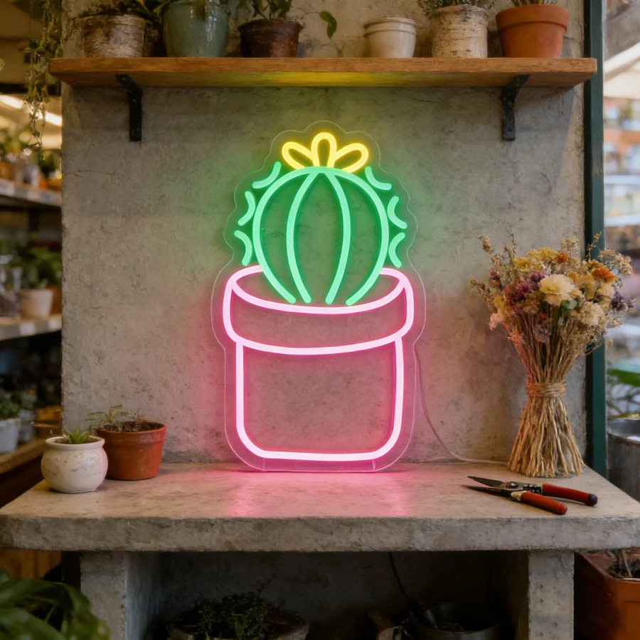 Cactus Plant Neon Sign for Home Decor USB Dimmable LED Wall Light for Flower Shop Cafe Indoor Garden Dorm Living Room Boho Decor