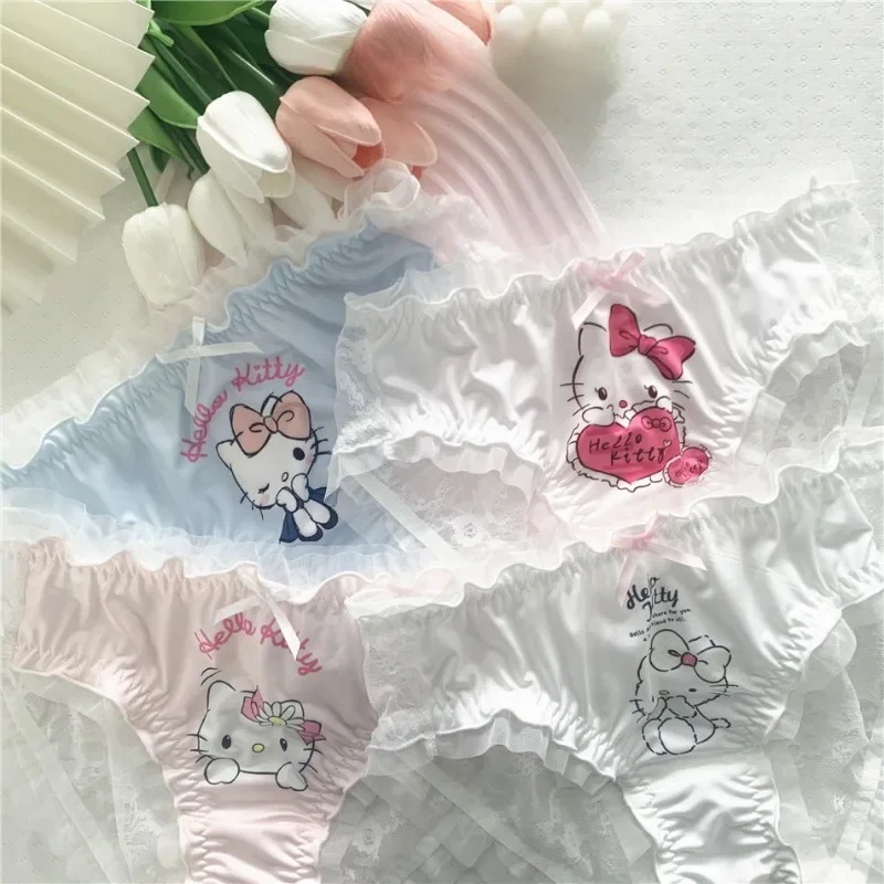 Anime Sanrio Hello Kitty Underwear Cute Cartoon Printing Lace Panties Low Waist Lace Briefs Comfortable Breathable Sweet Girl