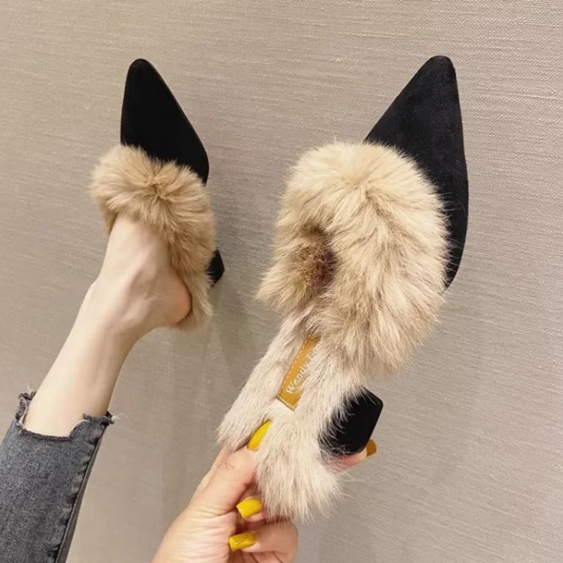 Women Furry Chinelos Ladies Fur Luxury Fluffy Plush Slipper House Soft Fuzzy Indoor Winter Home Women Warm High Heels clapper