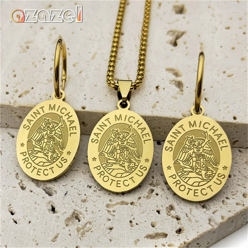 SAINT MICHAEL PROTECT US Archangel Stainless Steel Saint Michael Necklace Earrings for Men Women Gold Color Jewelry Set 3032