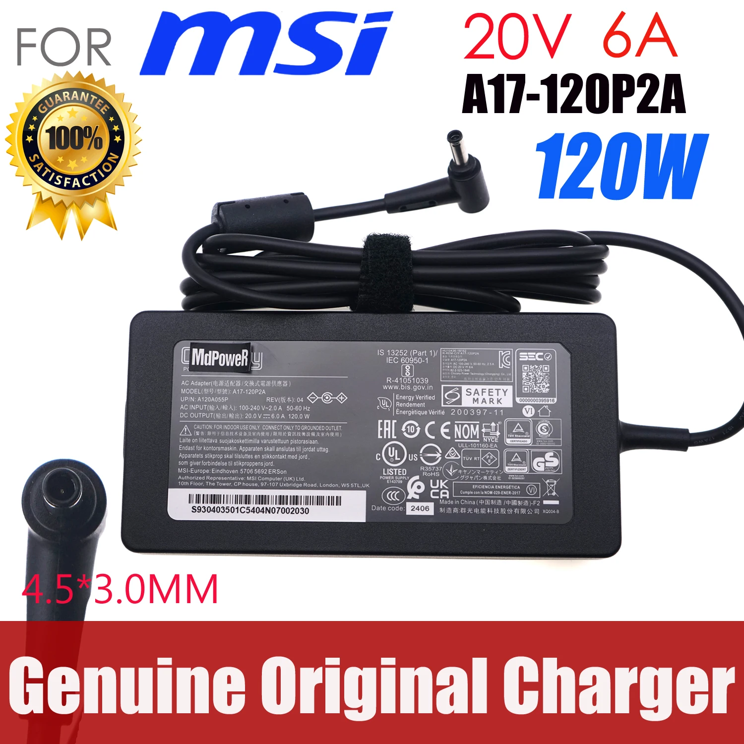 

Chicony 20V 6A 120W Genuine AC Power Adapter Charger A17-120P2A For MSI GF63 Thin 11SC-430CA 10SC-222 10UC-440 270 Power Supply
