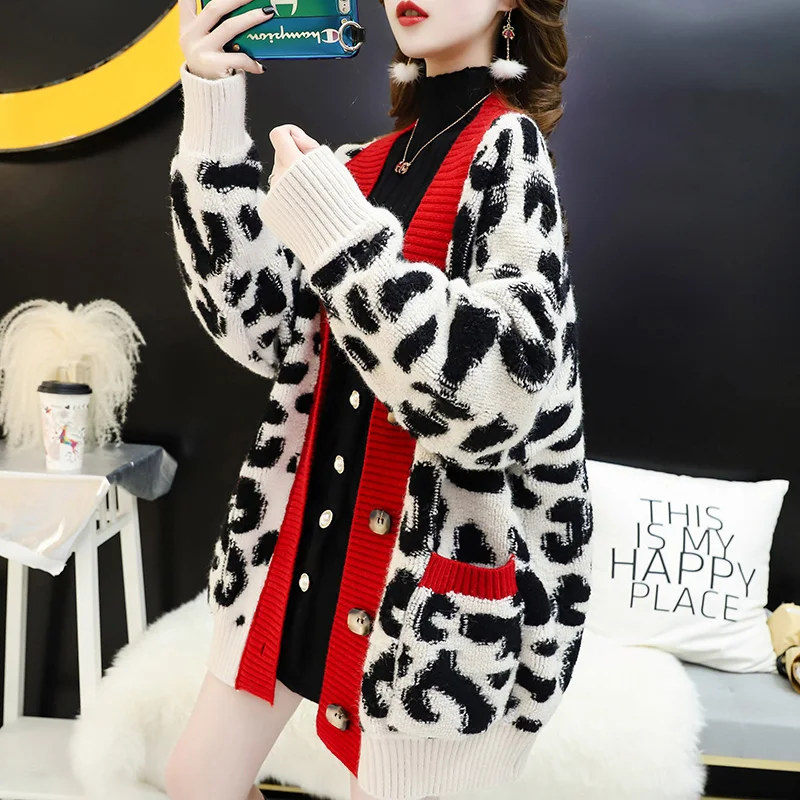 Autumn Women Fashion Long Sweater Loose Cardigans Leopard Casual Cardigans Red Yellow Oversized Knitted Jacket Outwear Winter