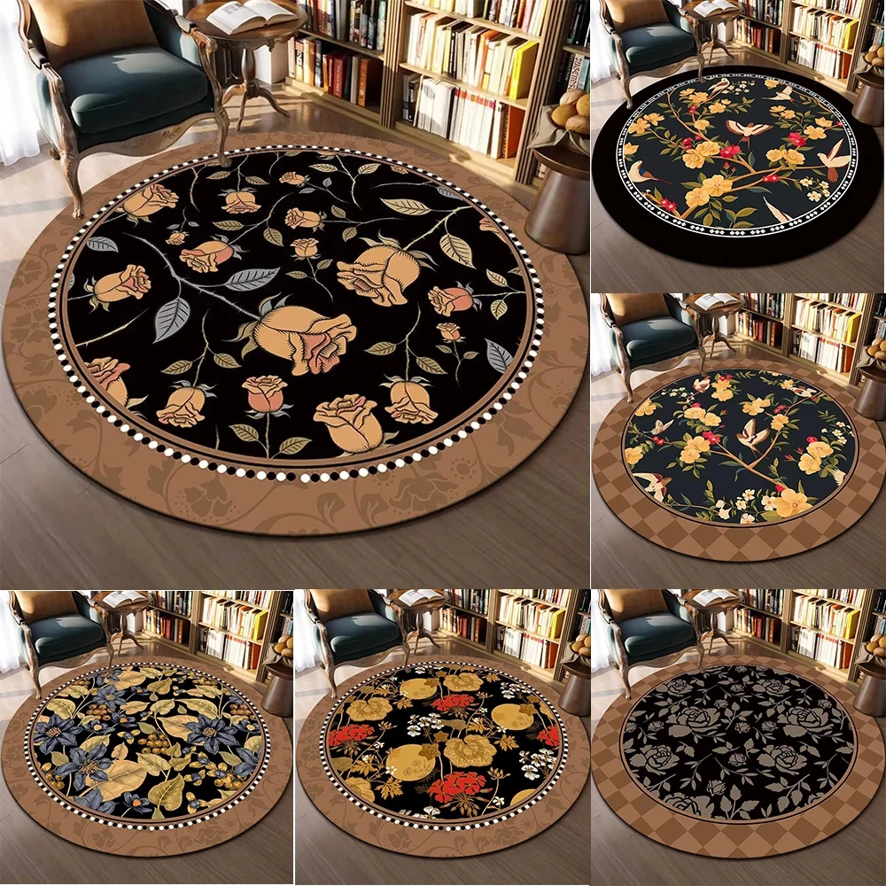 1 Stück runder Teppich mit Retro-Blumenmuster, rutschfeste Bodenmatte für Wohnzimmer, Schlafzimmer, Badezimmer, Urlaubsdekoration