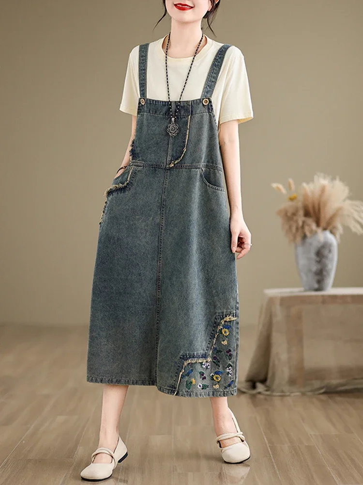 

2025 Denim Suspender Skirt For Women Vestidos Robe Elbise Loose Plus Size Embroidered Straps Dress JJ288