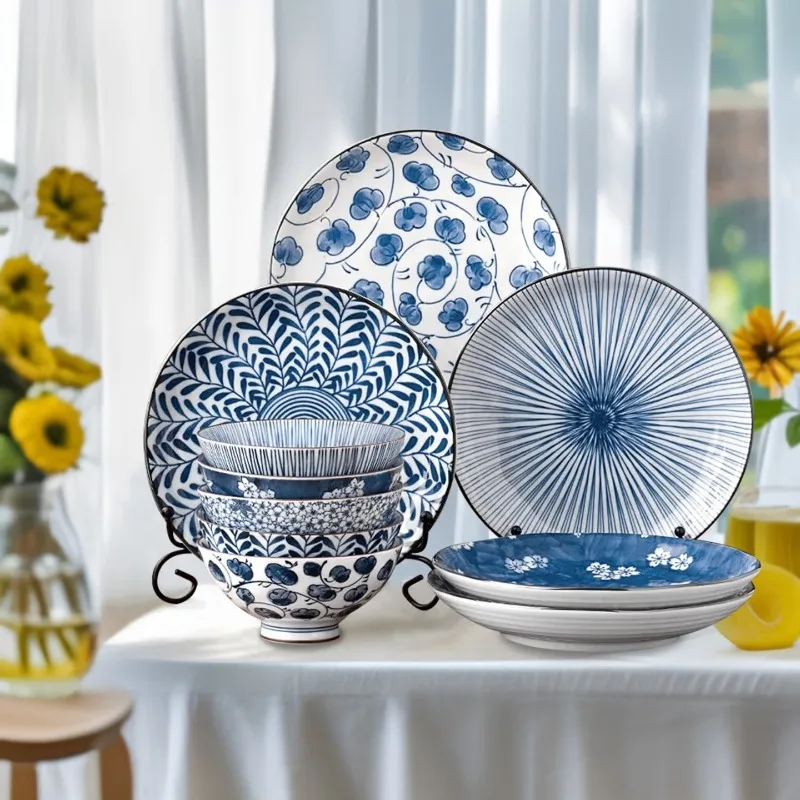 

Classic Japanese style blue painting ancient dyeing ceramic underglaze color dishes and plates 10 head household tableware set