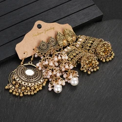 Luxury Retro Gold Color Zircon Earrings Sets Jewelry Long Pearl Tassel Dangling Earrings for Women Ethnic Geometric Earring