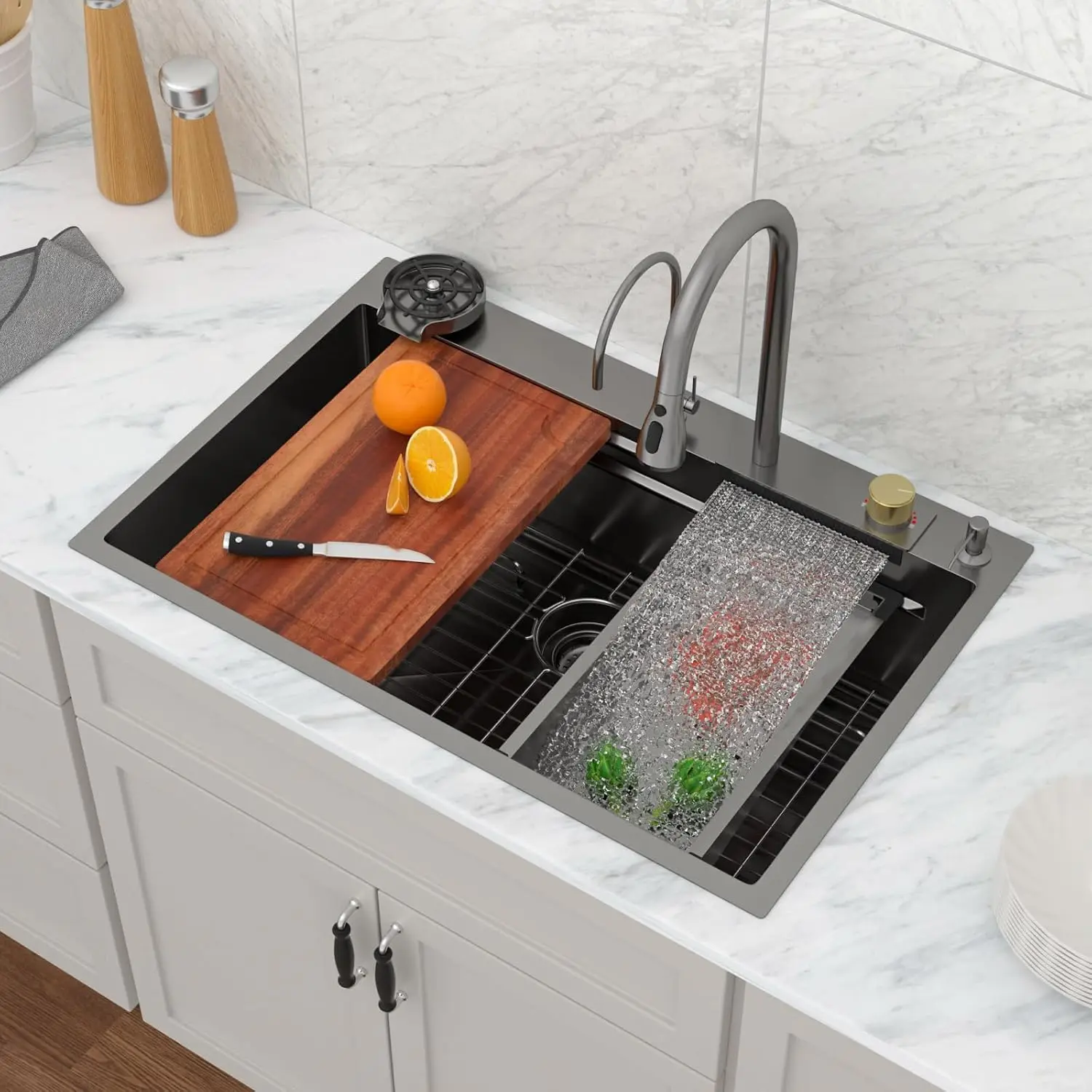 33×22×9 Inch Gunmetal Black Nano PVD Drop In Waterfall Workstation Kitchen Sink, 16 Gauge Handmade Stainless Steel Single Bowl Washing Basin With Rainfall Mode For Household Kitchen