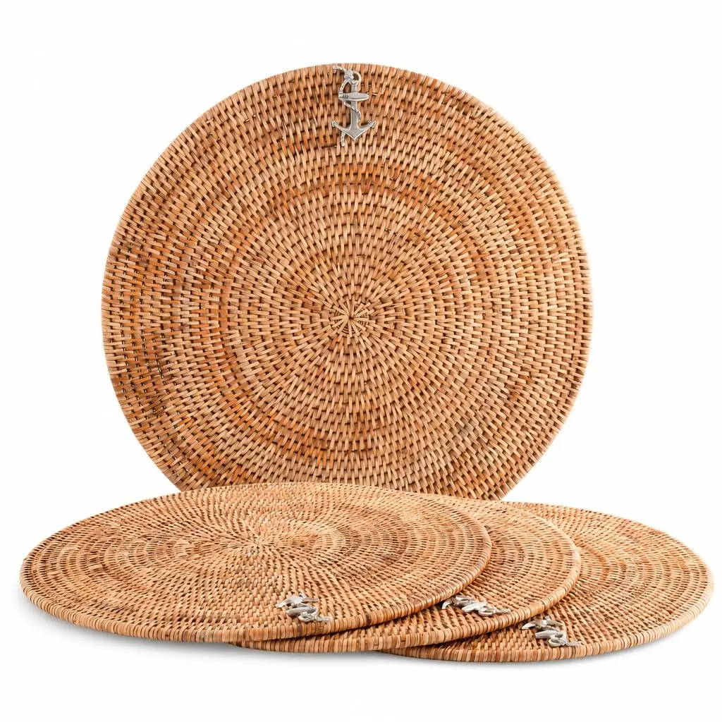 Woven Rattan Placemats Set of 4 with Pewter Anchor Accent, Round 15.5 Inches, Ideal for Coastal Dining