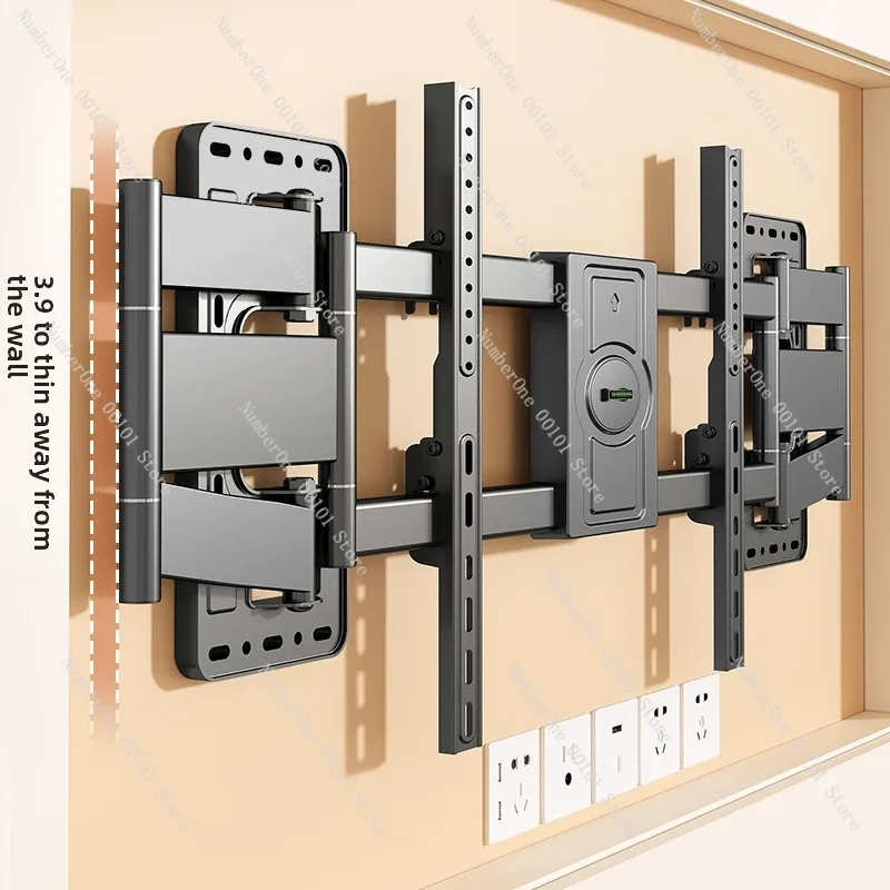 大型テレビ用伸縮式ハンガーはコンセントを遮らないし、壁掛けブラケットは角度調整可能です。