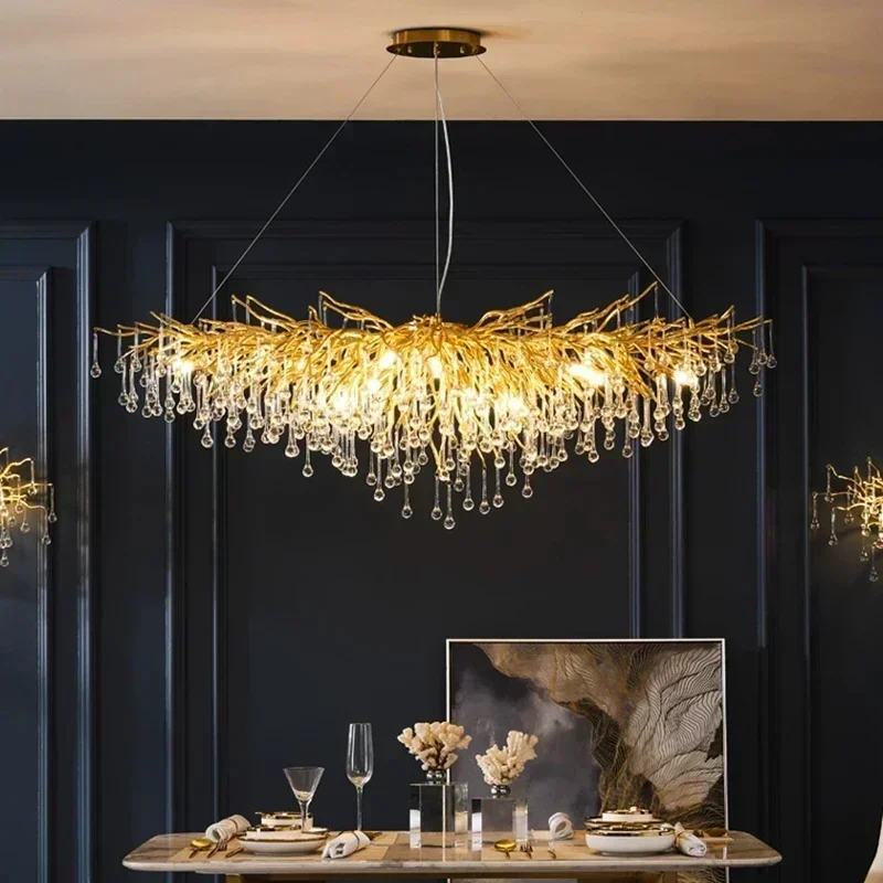 Luxurious Water Drop Golden Base Decorations For Home Light Tree Branch Customize Foyer Luxury Crystal Chandelier