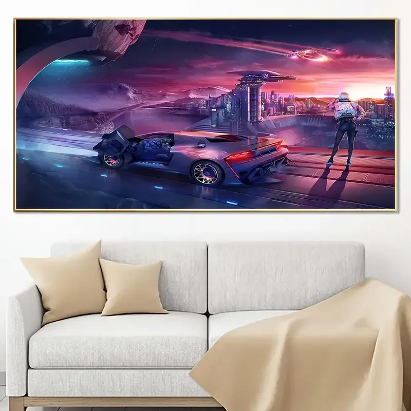 1pc Unframed Cyber Style Canvas Print Poster, Anime Scenery Supercar, Waterproof Canvas Wall Art, Artwork Wall Painting For Bedr