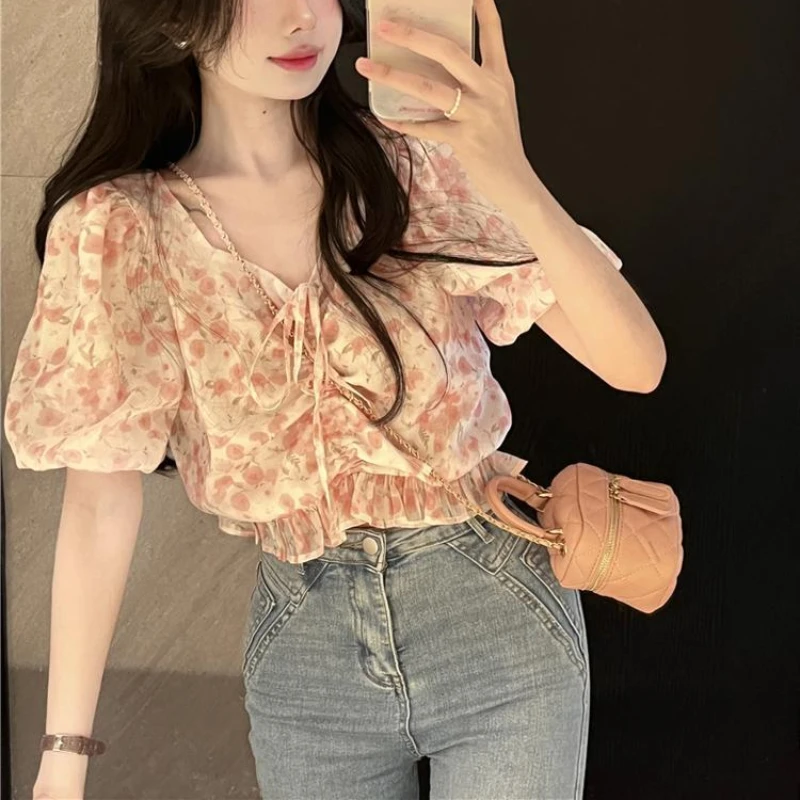 Women Blouse Floral Shirring Lace-up Chiffon Crop Tops Design Niche Korean Fashion All-match Chic Sweet Spicy Girls Summer Ins