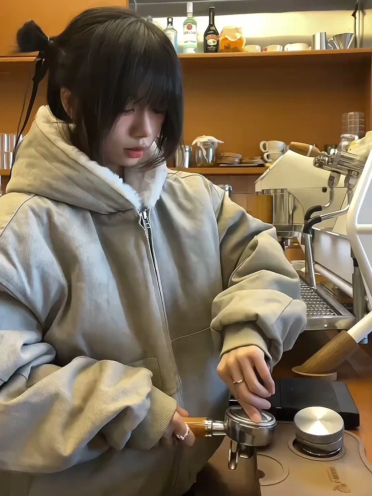 

Retro American Hooded Cotton Jaet Men's Women's ort Warm Coat Youth Faion Loose Fit Daily Wear Thiened Cotton Inner