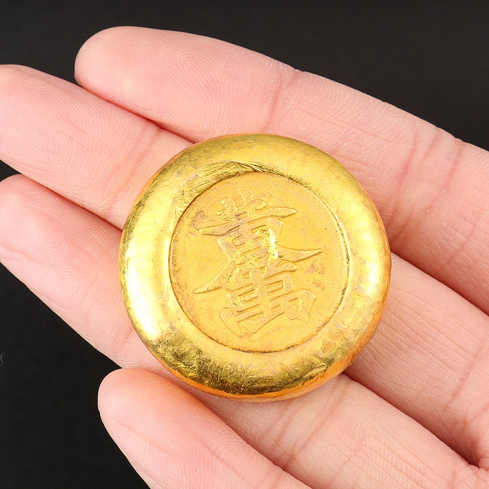 Solid Brass Plated Gold Ingot Paperweight Feng Shui Lucky Fortune Metal Flat Round Imitation Decorative Prop Home Decor Craft