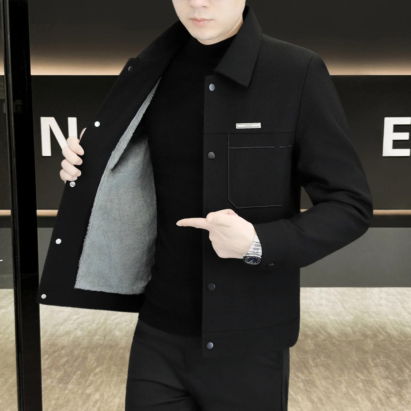 

Men's Fce Lined Thiened Casual Collar Jaet Autumn Winter Faion Urban Sle Polyester Fiber Youth Outerwear Coat