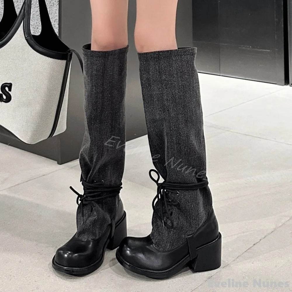 

Denim Slip-on Stacked Boots Women Black Round Toe Lace Up Chunky Heel Long Loafers 2025 Autumn Fashion Lolita Style Boots