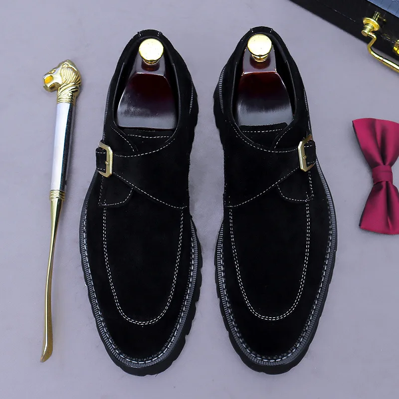 Vintage Matte Suede Monk Dress Shoes 2 Colors Black Brown Adjustable Metal Buckle Thick Sole Daily Casual Shoes Match Chinos New
