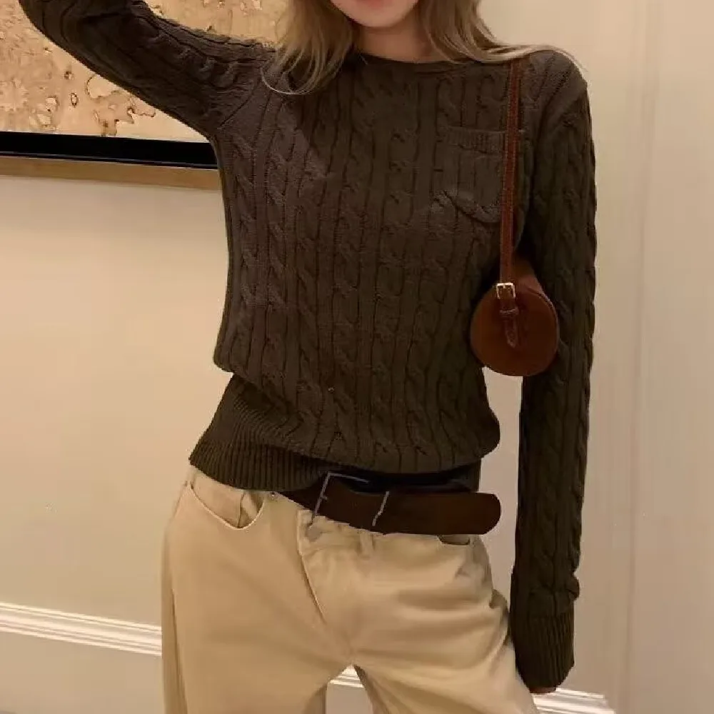 Nueva moda, suéter de punto trenzado con cuello redondo para mujer, jersey de manga larga con un bolsillo, prendas de punto de otoño, color morado, verde militar