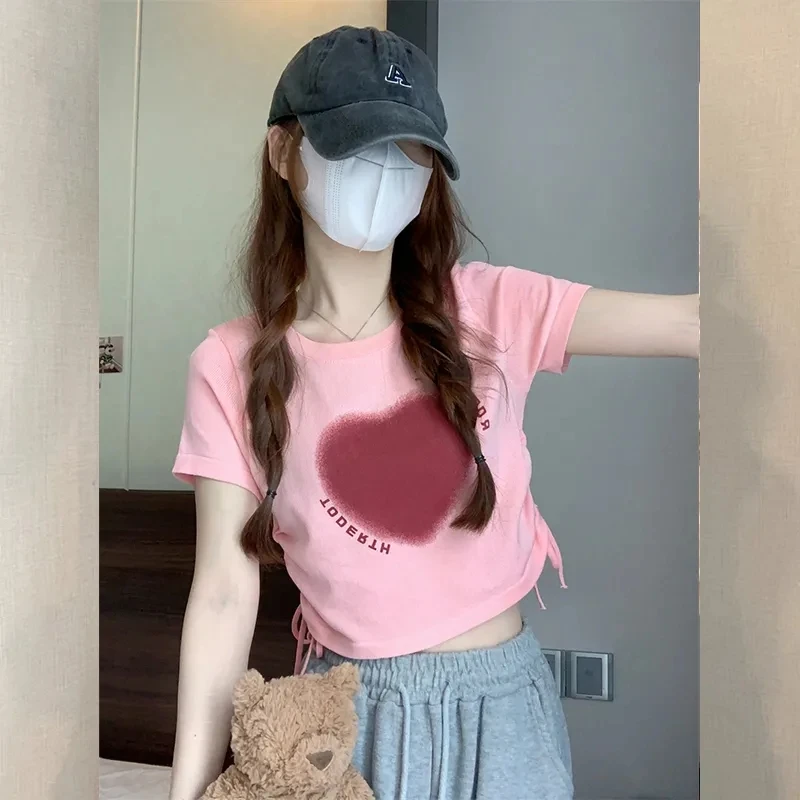 

Korean Version Hundreds Short Sleeve T-shirt Women Summer Drawstring Design Printed Round Neck Short Tops Heart