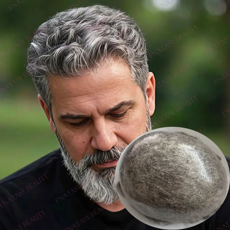 5Inch Long Human Hair Undetectable Grey 1B80 1B65 1B50 Old Men Hair Patch Natural Hairline Silicon Base Durable Hair System Wigs
