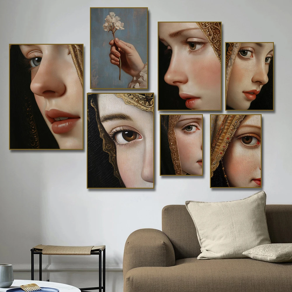 Renaissance Elegant Woman Portrait Poster Print Mosaic Face Canvas Painting Mid Century Wall Art for Living Room Home Decor
