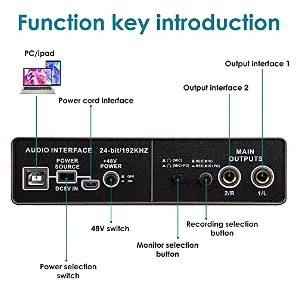 Q-22 Audio Interface Sound Card with Monitor 48V Phantom Power Electric Guitar Digital Mixer Mixing Console for Studio Recording