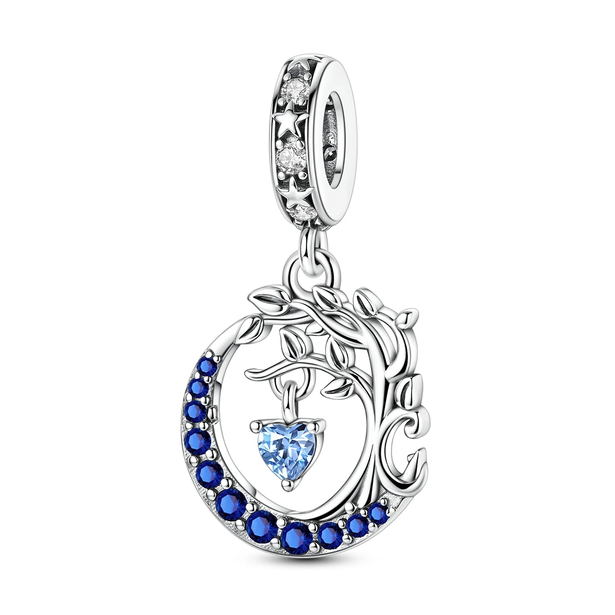 

925 Sterling Silver Moon Tree Charms Bead CZ Zircon Blue Color Love Heart Dangle Fit Original Bracelet DIY Women Jewelry Gift