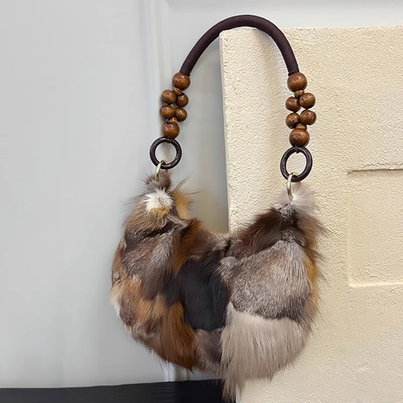 

Unique Design Beaded Handle Handbag Bag Light Luxury Plush Underarm Bag 2025 New Style High-end Furry Handbag for Women