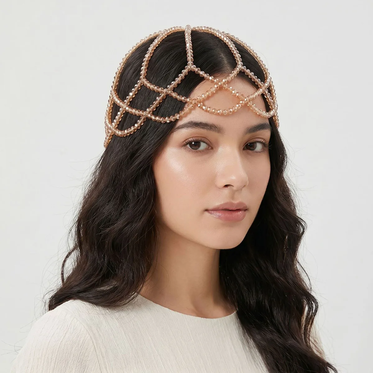 SLBRIDAL Handgefertigtes Charm-Netz mit Kristallperlen-Tropfen, Perlenbesetztes Haarnetz, Braut-Haaraccessoires für Frauen und Mädchen, Kopfschmuck – Detail 9