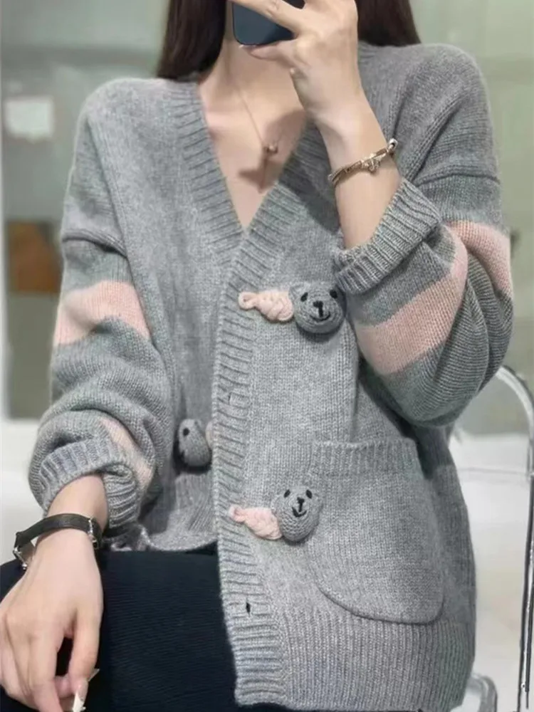 100% Wool Cashmere Women\'s Cardigan Sweater Loose Large Size V-Neck Knit Long Sleeve High End Coat 2024 Autumn/Winter New Patter