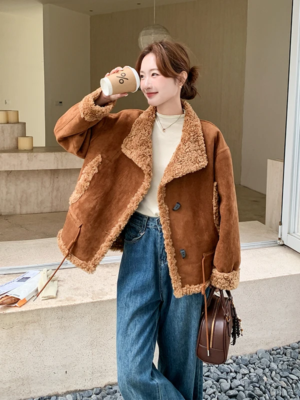 Brown Lamb Fur Jaet Women's ort Thiened Autumn Winter New Sle Warm Loose Fit Long Sve Button Closure