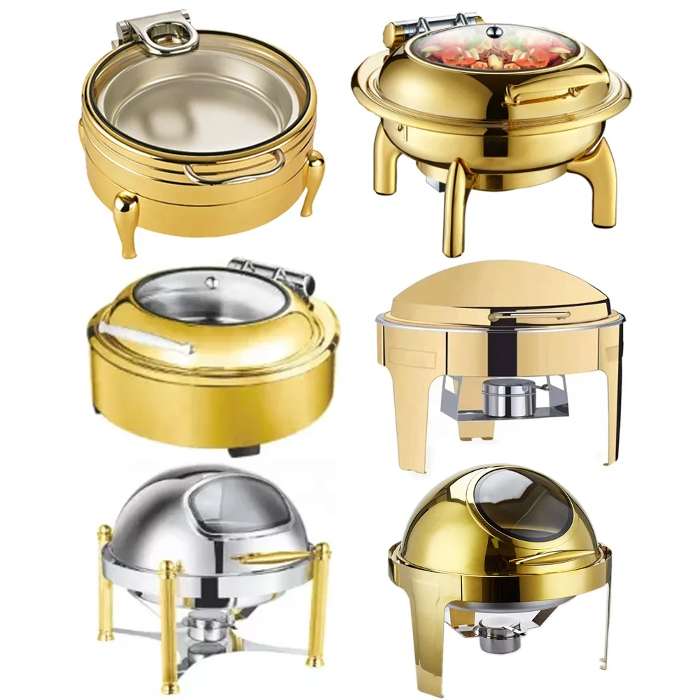 Luxury Restaurant Hotel Roll Top Chaffers Chafing Dish Stainless Steel Commercial Electric Gold Heater Buffet Food Warmer Set