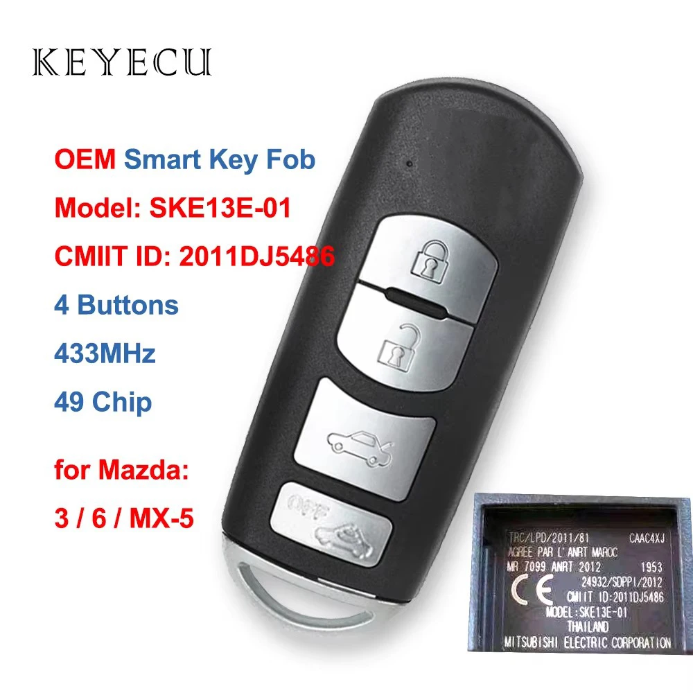 

Keyecu SKE13E-01 SKE13E01 2011DJ5486 Car OEM Board Smart Remote Key Fob 4 Buttons 433MHz 49 Chip for Mazda 6 3 MX-5